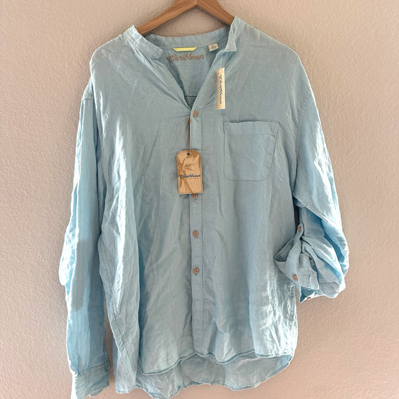 Caribbean Blue Linen & Rayon Tonal Long Sleeve Collar Shirt XL - Picture 1 of 7